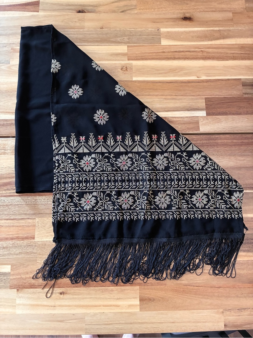 Black Silk Shawl Scarf Wrap Gold Embroidery w/ Fringe 56” x 20”